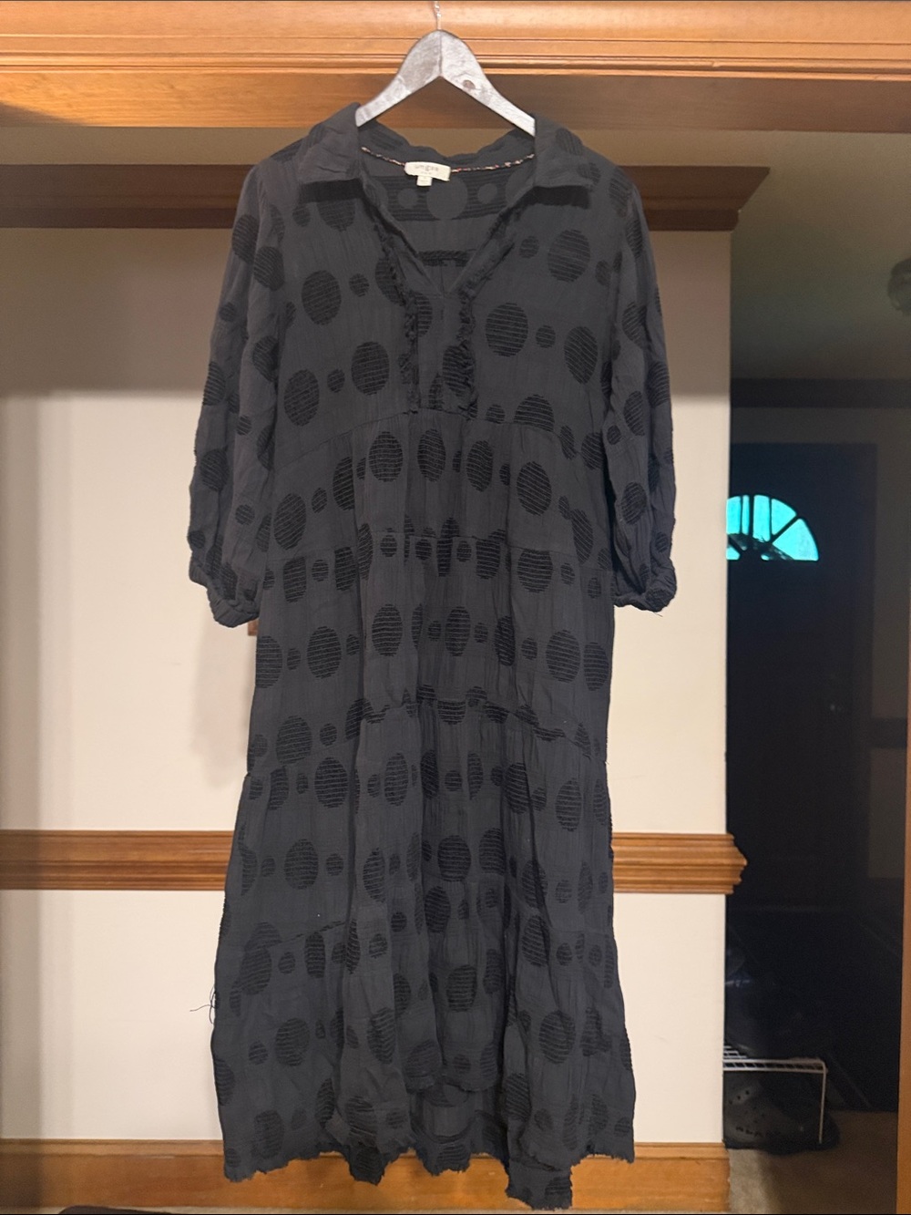 Umgee Black Textured Dot Midi Dress with Subtle Sheer Panels